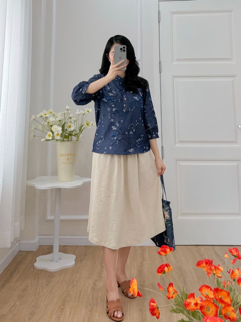 Áo sơ mi cổ tàu hoạ tiết chim én mùa xuân