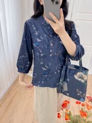 Áo sơ mi cổ tàu hoạ tiết chim én mùa xuân