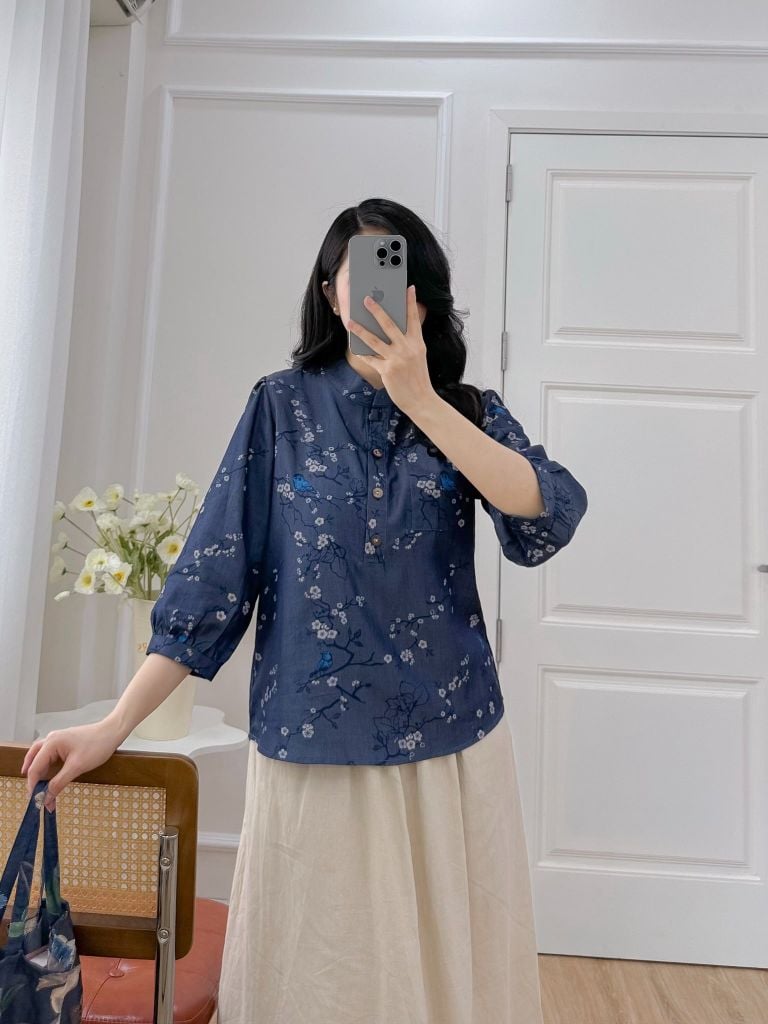 Áo sơ mi cổ tàu hoạ tiết chim én mùa xuân