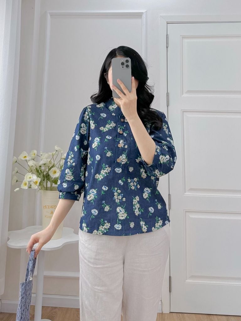 Áo sơ mi cổ tàu hoạ tiết hoa cúc dược