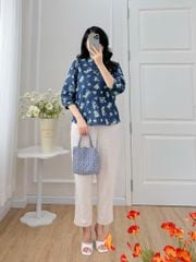Áo sơ mi cổ tàu hoạ tiết hoa cúc dược