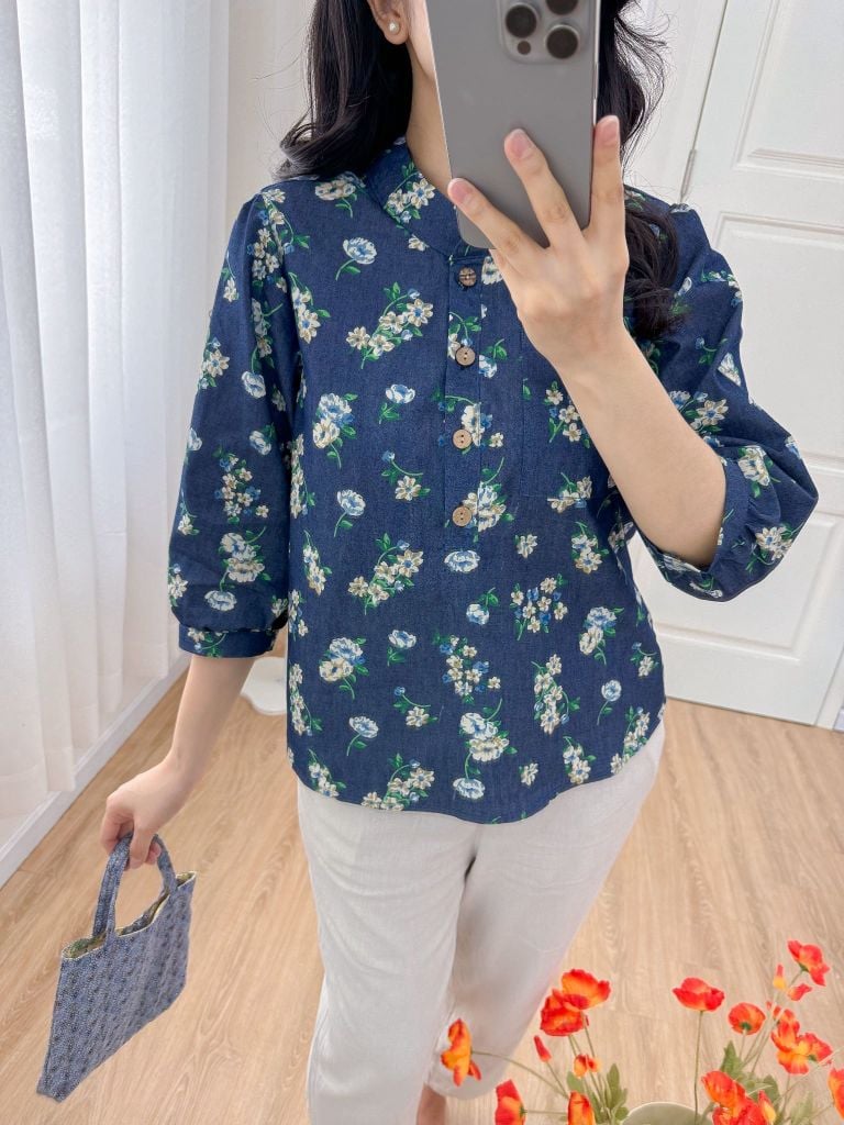 Áo sơ mi cổ tàu hoạ tiết hoa cúc dược
