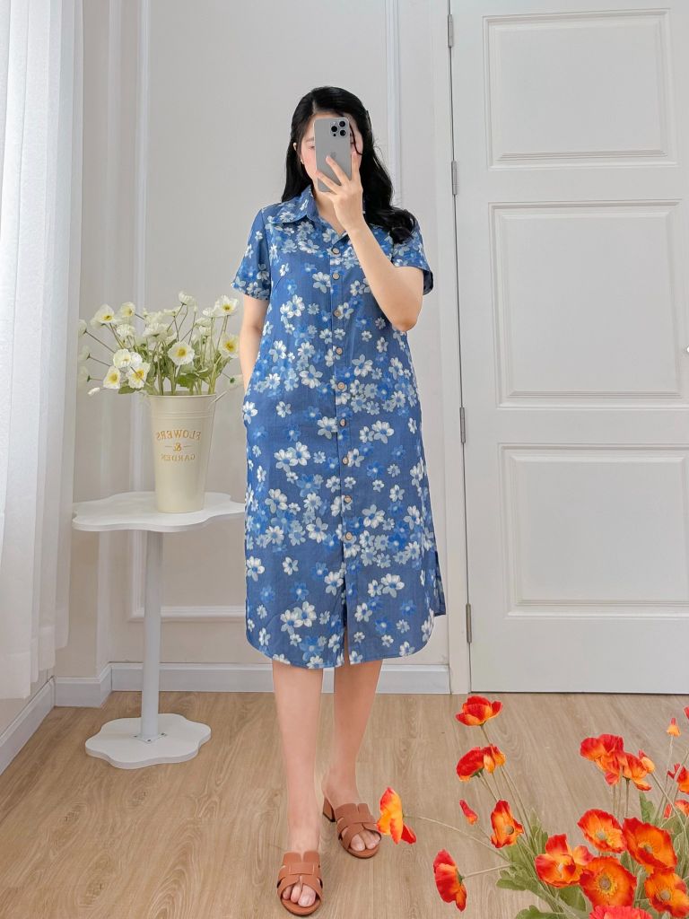 Đầm sơ mi có tay ngắn họa tiết hoa tầm xuân