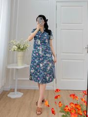 Đầm sơ mi có tay ngắn họa tiết hoa đào hồng