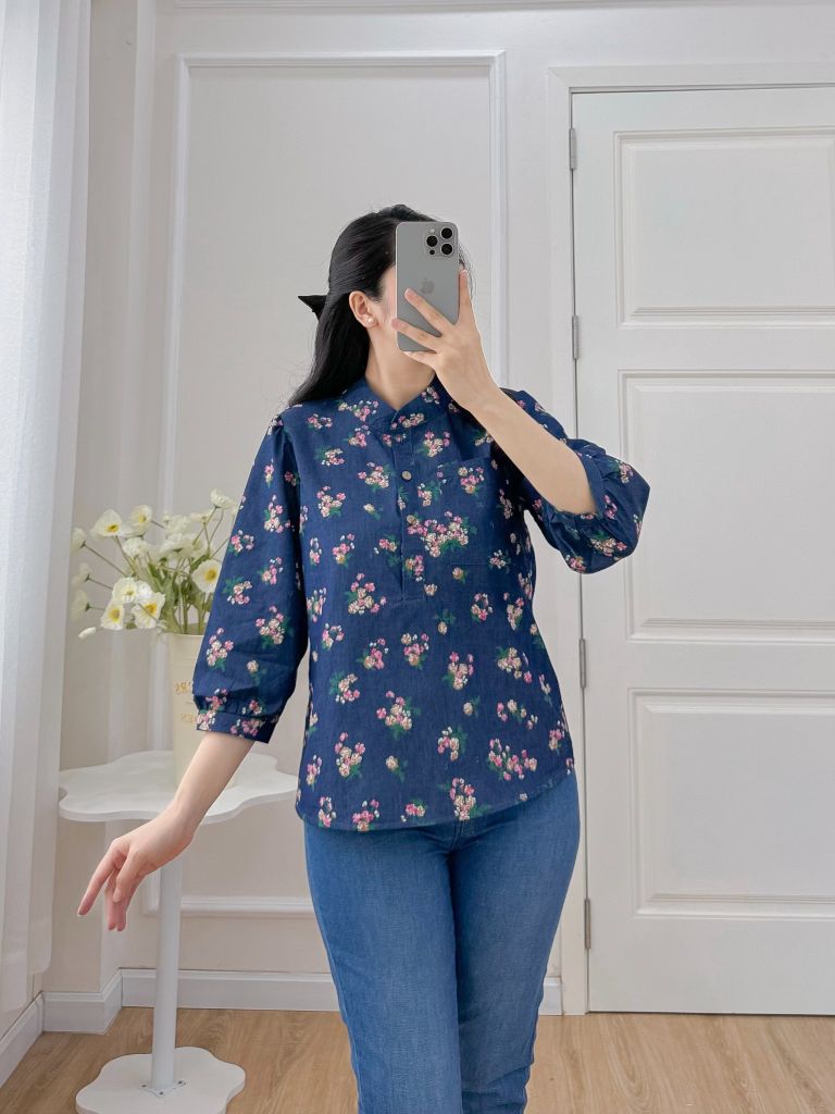 Áo sơ mi cổ tàu hoạ tiết hoa ngũ sắc