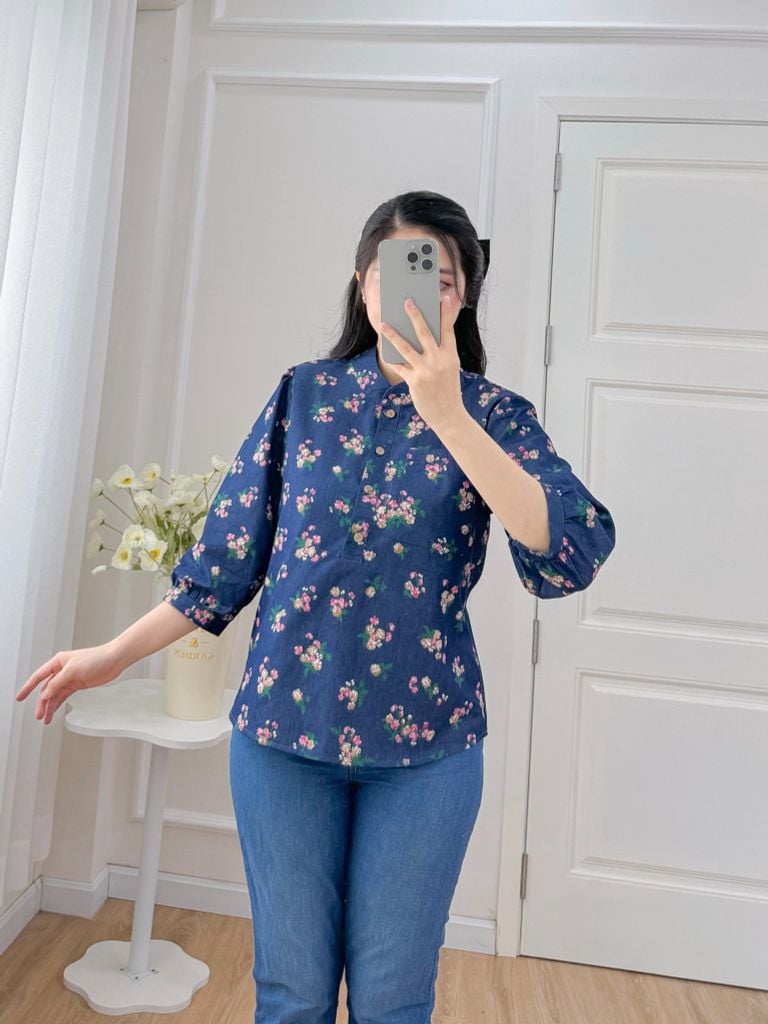 Áo sơ mi cổ tàu hoạ tiết hoa ngũ sắc