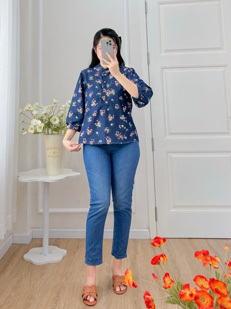 Áo sơ mi cổ tàu hoạ tiết hoa ngũ sắc