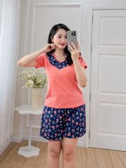 Đồ bộ đùi áo thun có viền cổ quần hoa mùa xuân