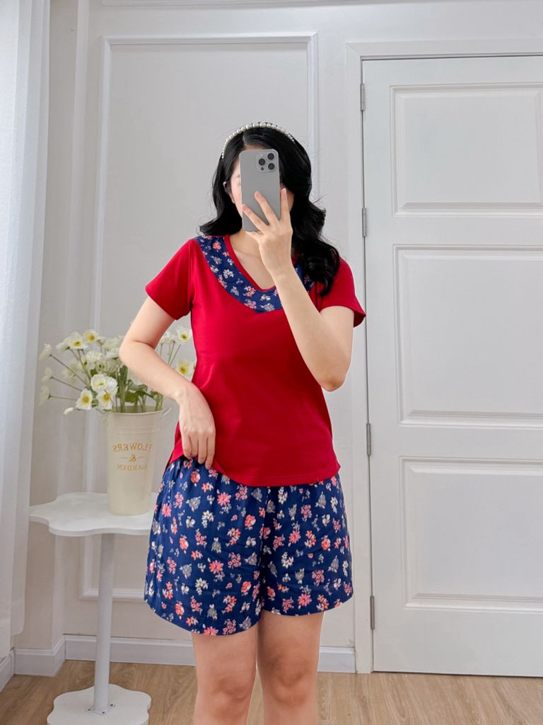 Đồ bộ đùi áo thun có viền cổ quần hoa mùa xuân