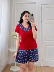 Đồ bộ đùi áo thun có viền cổ quần hoa mùa xuân