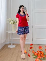 Đồ bộ đùi áo thun có viền cổ quần hoa mùa xuân