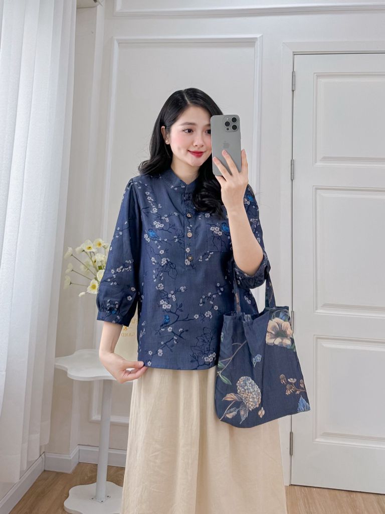 Áo sơ mi cổ tàu hoạ tiết chim én mùa xuân