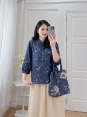Áo sơ mi cổ tàu hoạ tiết chim én mùa xuân