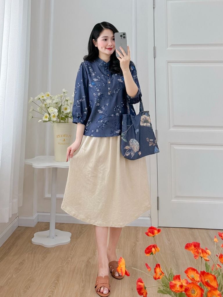 Áo sơ mi cổ tàu hoạ tiết chim én mùa xuân