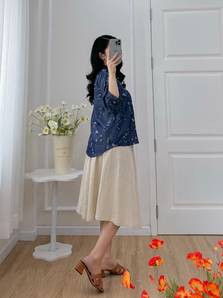 Áo sơ mi cổ tàu hoạ tiết chim én mùa xuân