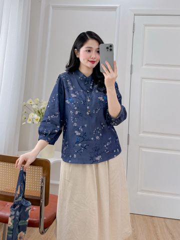 Áo sơ mi cổ tàu hoạ tiết chim én mùa xuân