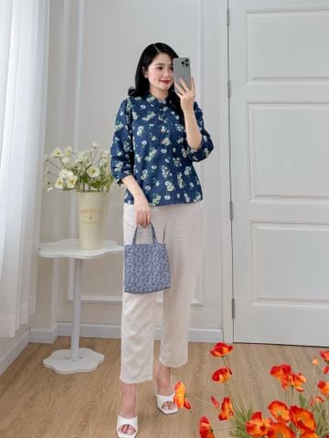 Áo sơ mi cổ tàu hoạ tiết hoa cúc dược