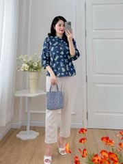 Áo sơ mi cổ tàu hoạ tiết hoa cúc dược