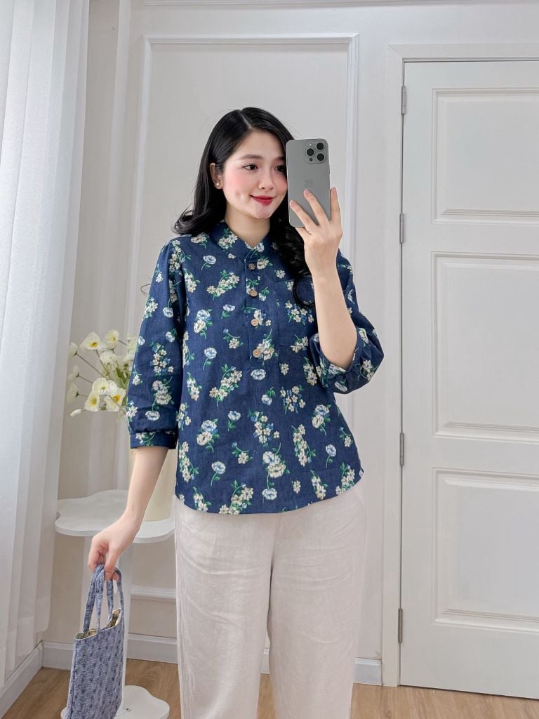 Áo sơ mi cổ tàu hoạ tiết hoa cúc dược