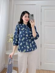 Áo sơ mi cổ tàu hoạ tiết hoa cúc dược