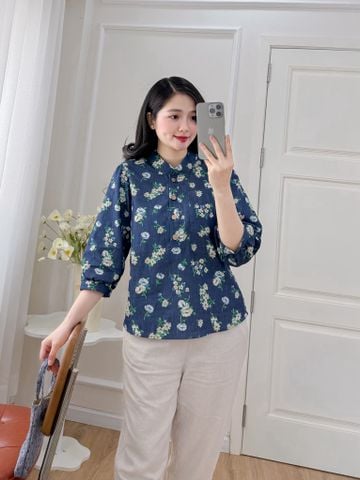 Áo sơ mi cổ tàu hoạ tiết hoa cúc dược