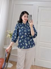 Áo sơ mi cổ tàu hoạ tiết hoa cúc dược