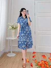 Đầm sơ mi có tay ngắn họa tiết hoa tầm xuân