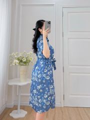 Đầm sơ mi có tay ngắn họa tiết hoa tầm xuân
