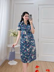 Đầm sơ mi có tay ngắn họa tiết hoa đào hồng