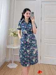 Đầm sơ mi có tay ngắn họa tiết hoa đào hồng