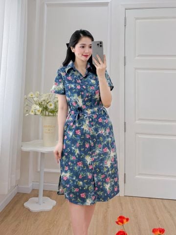 Đầm sơ mi có tay ngắn họa tiết hoa đào hồng