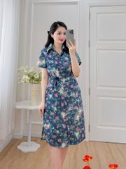 Đầm sơ mi có tay ngắn họa tiết hoa đào hồng