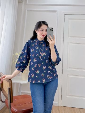 Áo sơ mi cổ tàu hoạ tiết hoa ngũ sắc