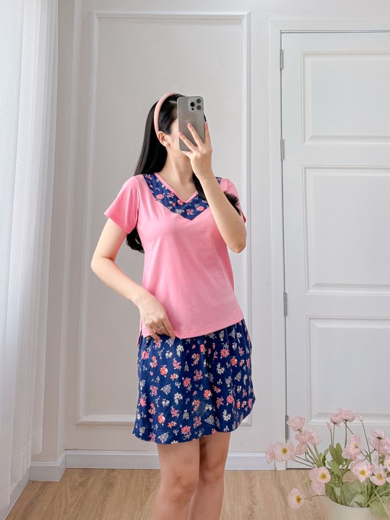 Đồ bộ đùi áo thun có viền cổ quần hoa mùa xuân