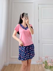 Đồ bộ đùi áo thun có viền cổ quần hoa mùa xuân