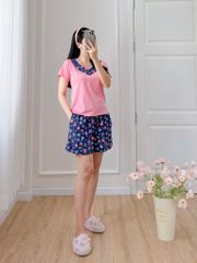 Đồ bộ đùi áo thun có viền cổ quần hoa mùa xuân