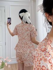 Đồ bộ đùi nhún bèo linen có tay hoa nâu