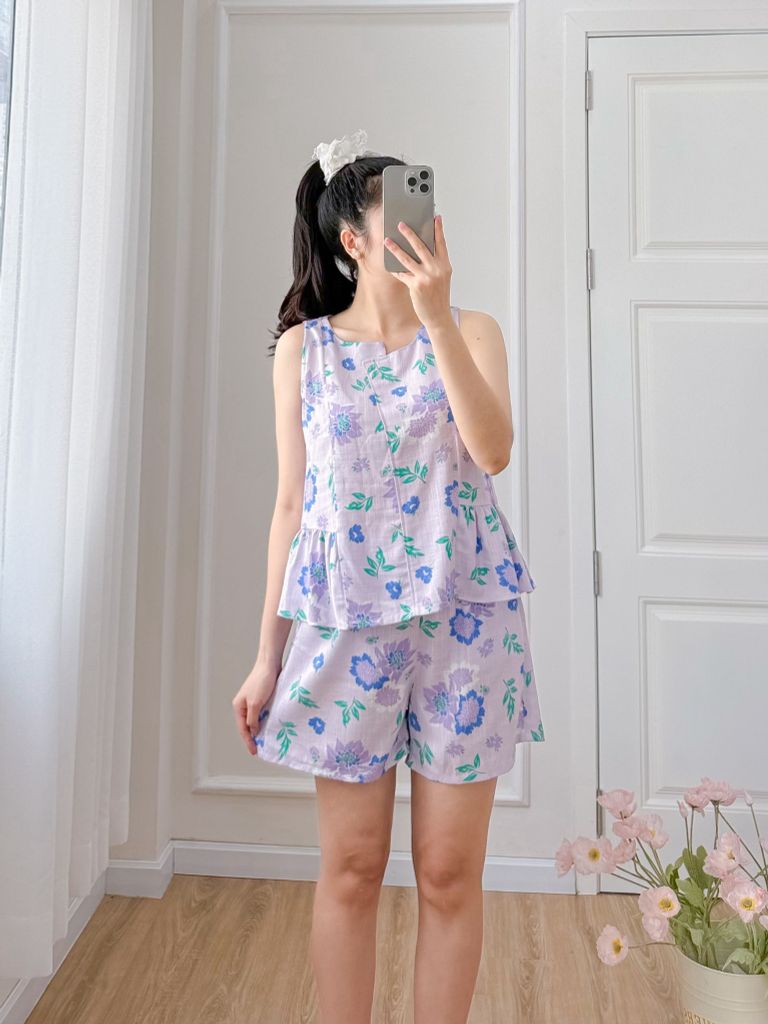 Đồ bộ đùi cổ lệch tà linen hoa Peony