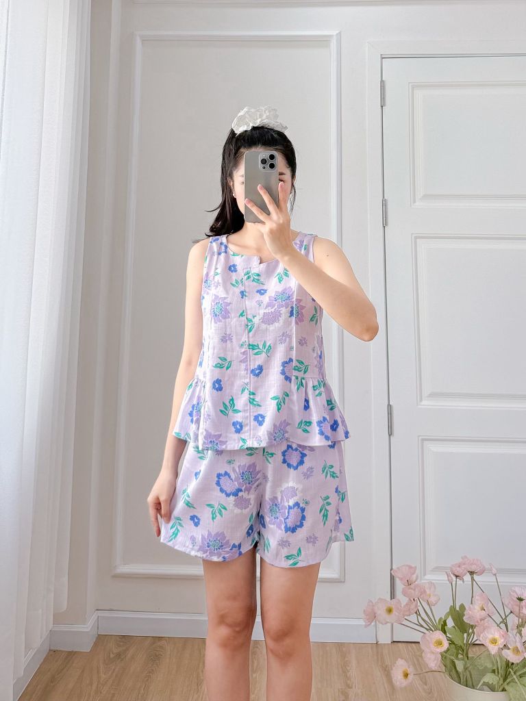Đồ bộ đùi cổ lệch tà linen hoa Peony