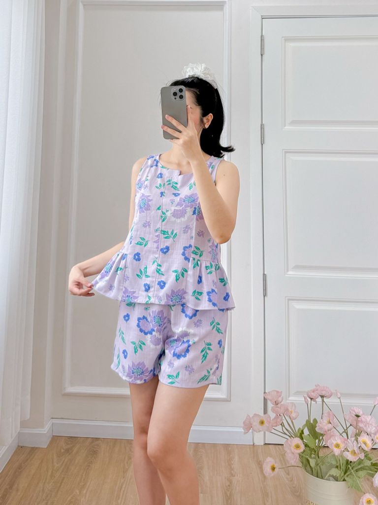 Đồ bộ đùi cổ lệch tà linen hoa Peony