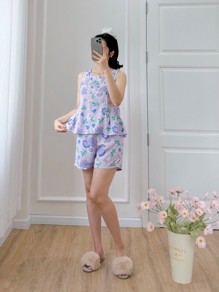Đồ bộ đùi cổ lệch tà linen hoa Peony