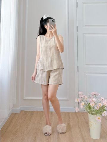 Đồ bộ đùi không tay vạt xéo linen sọc kem