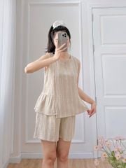 Đồ bộ đùi không tay vạt xéo linen sọc kem