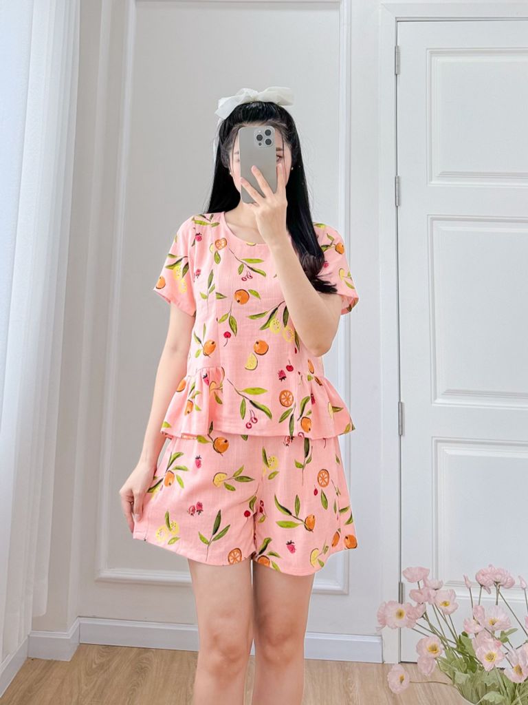 Đồ bộ đùi nhún bèo linen có tay hồng cam