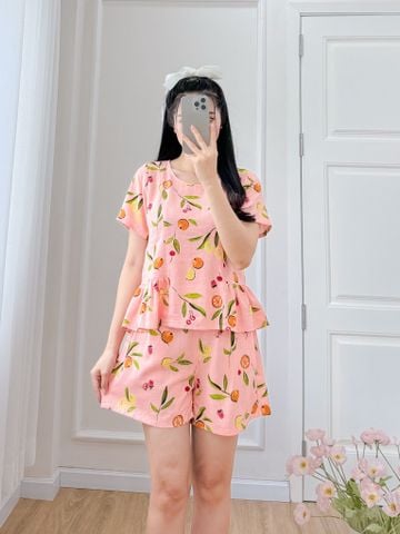 Đồ bộ đùi nhún bèo linen có tay hồng cam