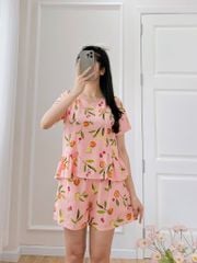 Đồ bộ đùi nhún bèo linen có tay hồng cam