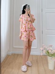 Đồ bộ đùi nhún bèo linen có tay hồng cam