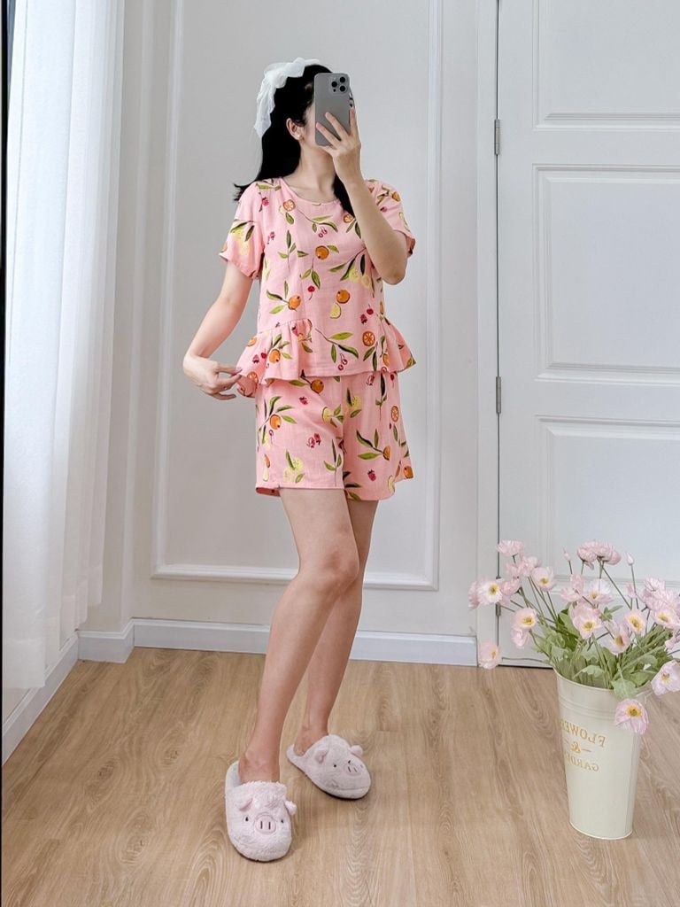 Đồ bộ đùi nhún bèo linen có tay hồng cam