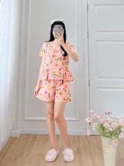 Đồ bộ đùi nhún bèo linen có tay hồng cam