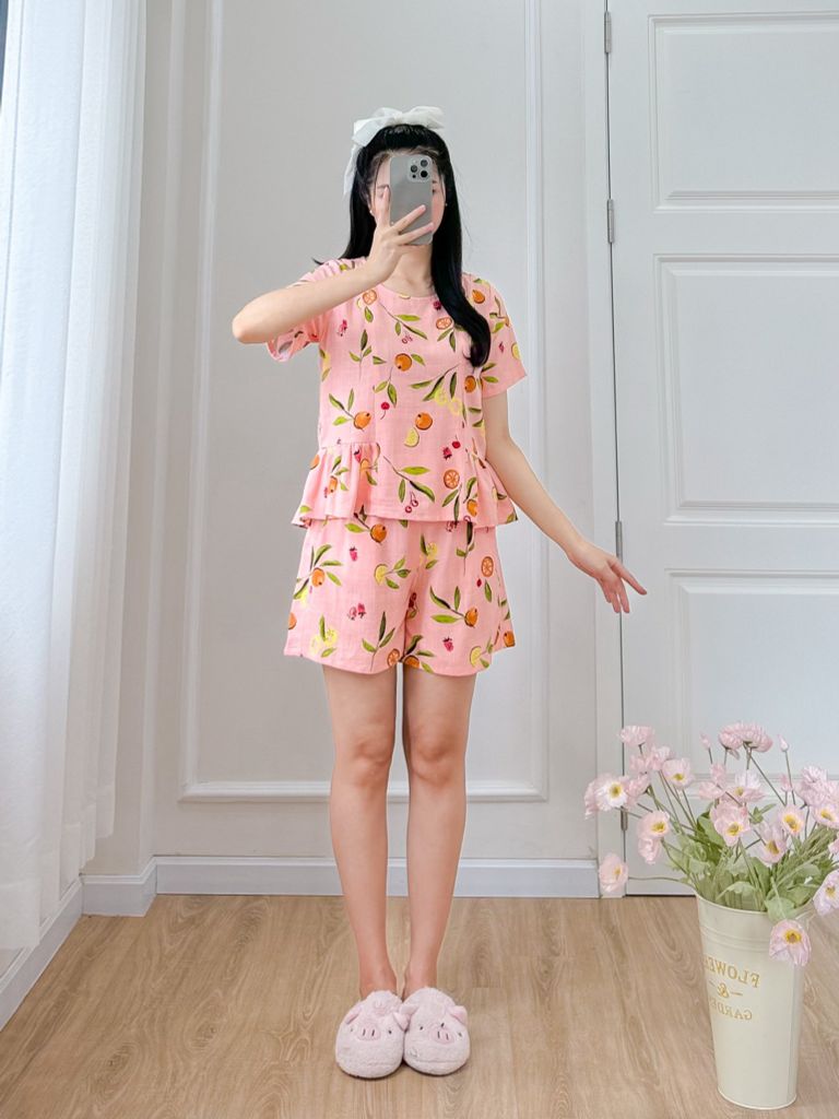 Đồ bộ đùi nhún bèo linen có tay hồng cam